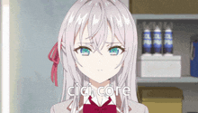 a girl with white hair and blue eyes is looking at the camera with the words cichi core written in the corner