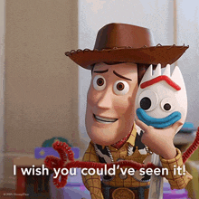 a picture of woody from toy story holding a toy that says " i wish you could 've seen it "