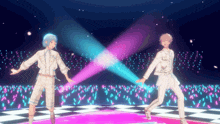 two anime characters are dancing on a stage