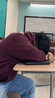 a man sitting at a desk with his head down