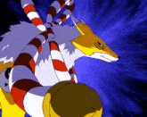 a cartoon drawing of a fox with red white and blue stripes