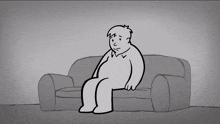 a cartoon of a cat sitting on a couch with a picture of a cat on the floor