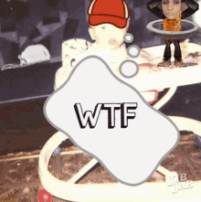 a baby in a walker with the word wtf written on it