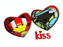 a couple of hearts with the word kiss in red
