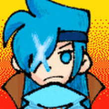 a cartoon of a boy with blue hair and blue eyes