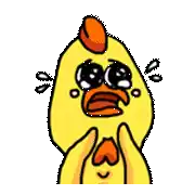 a cartoon chicken is crying with its eyes closed and covering its face with its hands .