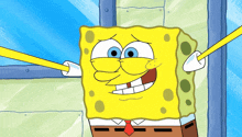 a cartoon of spongebob squarepants holding a yellow stick in his mouth