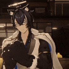 a black and white anime character with a cat ear on his head