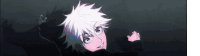 a cartoon character with white hair and a black jacket is standing in the dark and smiling .