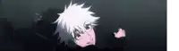 a cartoon character with white hair and a black jacket is standing in the dark and smiling .