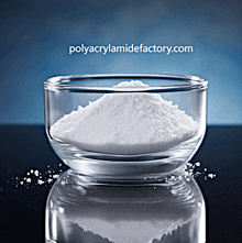 a glass bowl filled with white powder with the website polyacrylamidefactory.com written above it