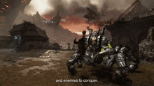 a video game scene with the words " and enemies to conquer " at the bottom