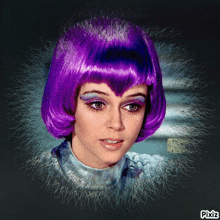 a woman wearing a purple wig has a pixiz watermark on her face