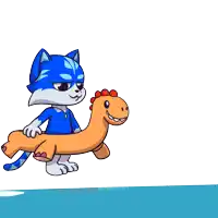 a cartoon cat is holding an inflatable dinosaur float