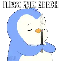 a blue and white penguin smoking a cigarette with the words " please make me rich " above it