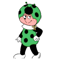 a cartoon character with a green ladybug costume