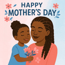 a happy mother 's day greeting card with a little girl holding flowers