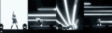 a woman is dancing on a stage in front of a white background