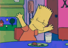 bart simpson is sitting at a table with a glass of water and a plate of food