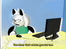 a cartoon character is sitting at a desk with a computer and the words the show that makes you scream above him