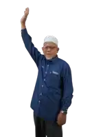 a man wearing a blue shirt that says ' malaysia ' on it is waving his hand