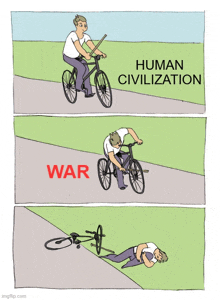 a cartoon of a man riding a bike with the words human civilization and war below it