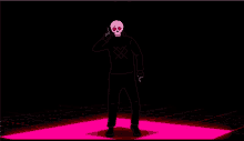 a cartoon drawing of a skeleton dancing on a pink stage