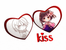 a picture of a girl with a flower in her hair is surrounded by two hearts that say kiss