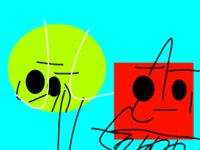 a drawing of a yellow circle and a red square with faces