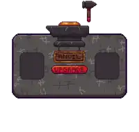 a pixel art illustration of an anvil with a red upgrade sign .