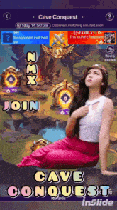 an advertisement for a game called cave conquest shows a woman in a pink skirt