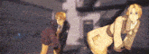 a couple of anime characters are standing next to each other on a stage .
