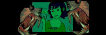 a drawing of a monster with its mouth open and a green square in the background