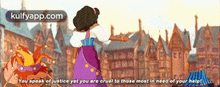 a cartoon of a woman with the words " you speak of justice yet you are cruel to those most in need of your help