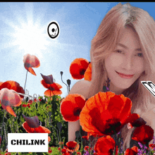 a picture of a woman surrounded by red flowers with the word chilink below her