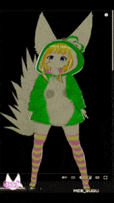 a girl in a green hoodie with a white tail