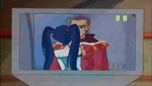 a man and a woman are kissing in a cartoon on a television screen .