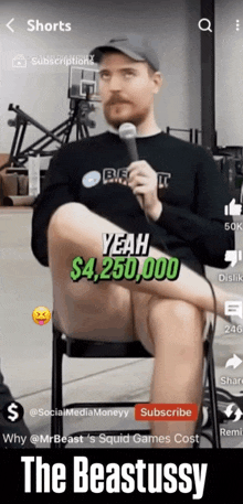 a man is sitting in a chair with his legs crossed and holding a microphone with the words yeah $ 4,250,000 on it