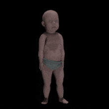 a baby in blue underwear is dancing in a dark room