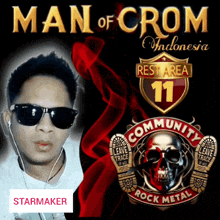 a man wearing sunglasses stands in front of a man of crom indonesia poster