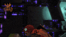 a man with red hair is in a room with a blue light behind him