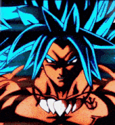 a cartoon character with blue hair and a tattoo on his chest