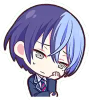 a chibi boy with blue hair and a tie is thinking .
