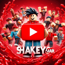 a group of roblox characters are standing in front of a red background that says shakey star