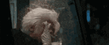 a close up of a person 's head behind a glass window .