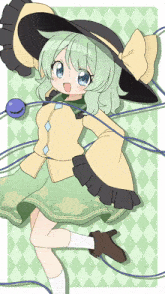 a girl with green hair is wearing a hat and a green dress