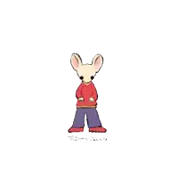 a drawing of a mouse in a red shirt and purple pants