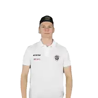 a man wearing a ccm mevo polo shirt holds up a black hat