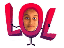 a girl is wearing a lol costume with her face in the letters .