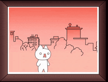 a framed picture of a cat looking at buildings